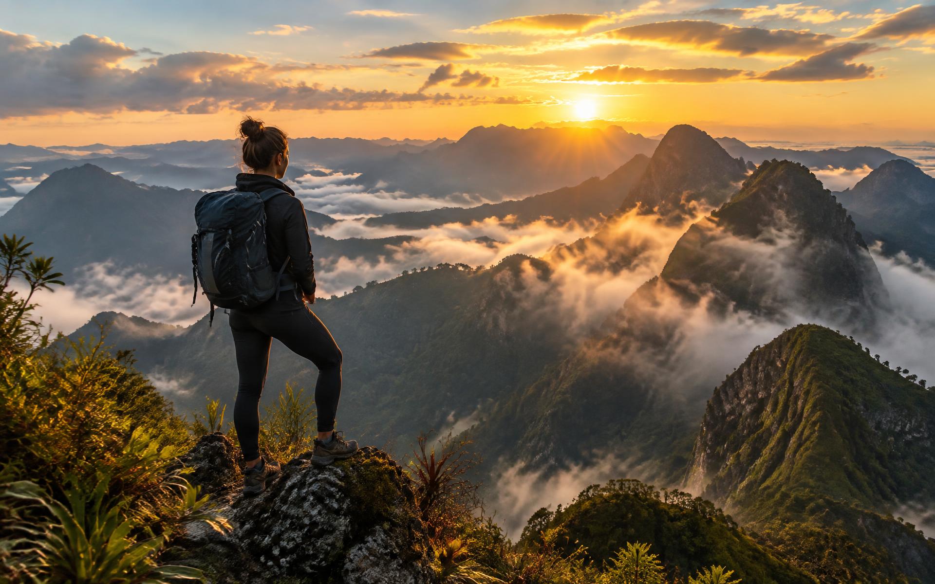 Randonneuse face aux sommets des Andes colombiennes au lever du soleil